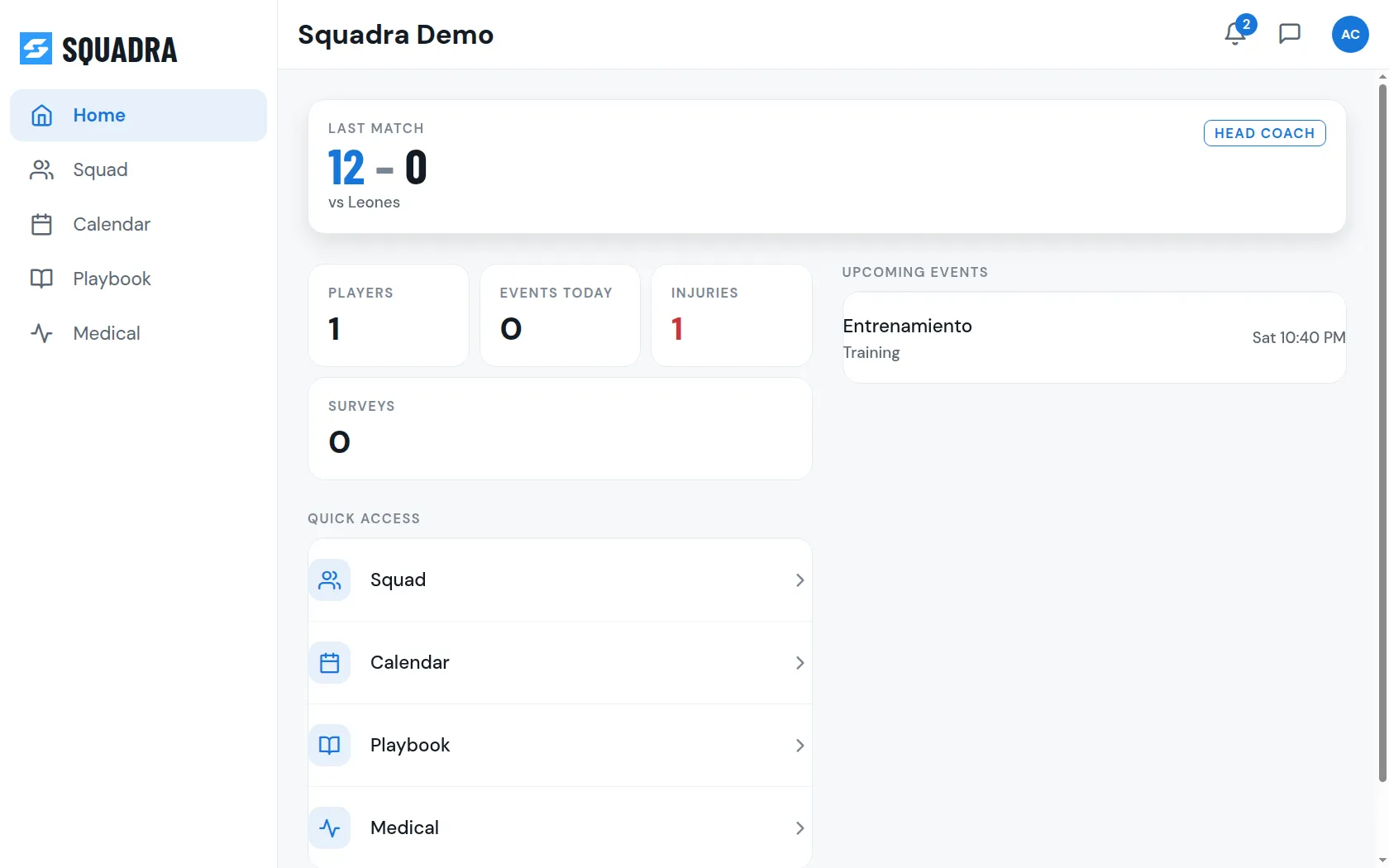 A coach dashboard in Squadra showing the last match score and team status