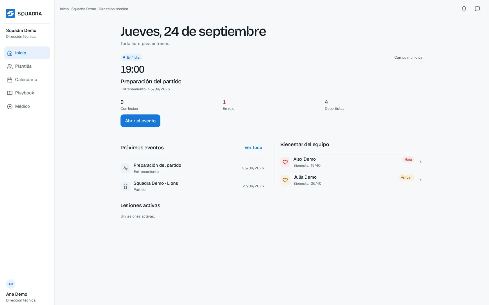 Inicio de un entrenador en Squadra: próximo entrenamiento y bienestar del equipo con datos de demostración