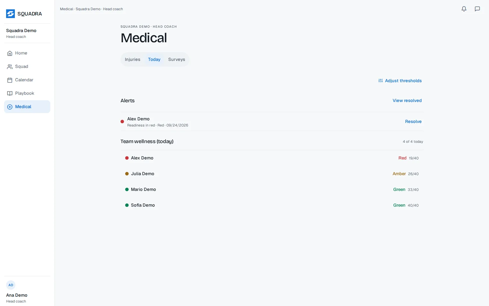 Team medical and wellbeing view in Squadra