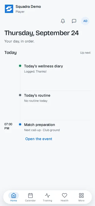 Squadra on a player’s phone, showing their upcoming call-ups and their wellness diary