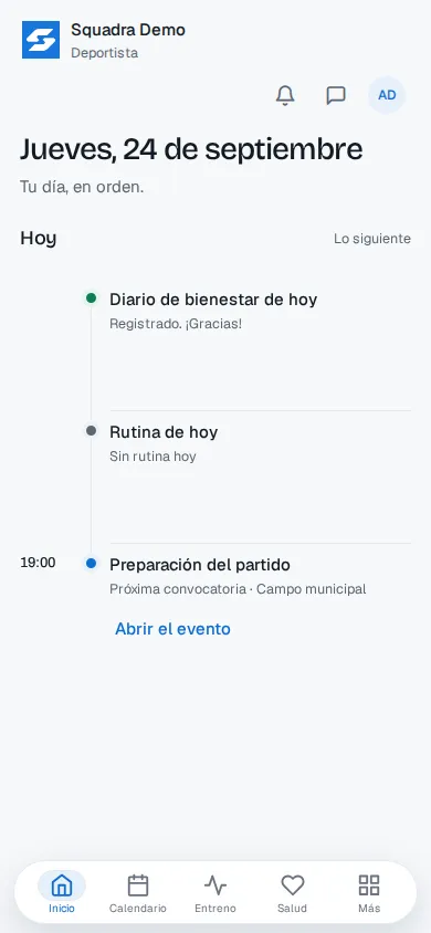 Squadra en el móvil de un jugador, con sus próximas convocatorias y su diario de wellness
