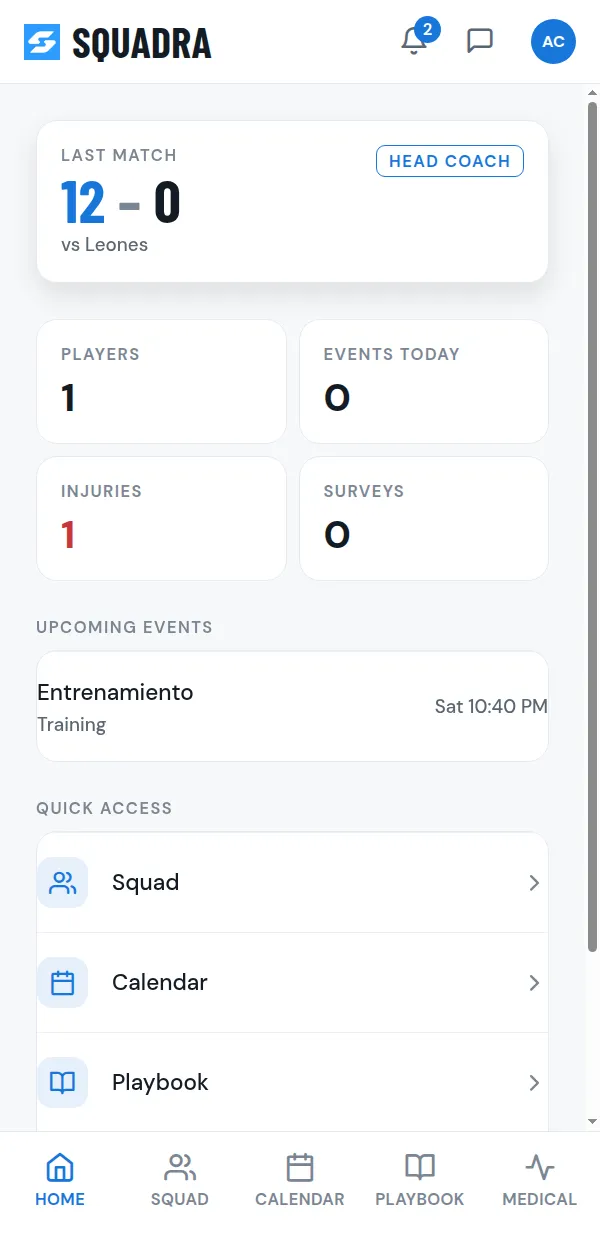 A coach dashboard in Squadra showing the last match score and team status